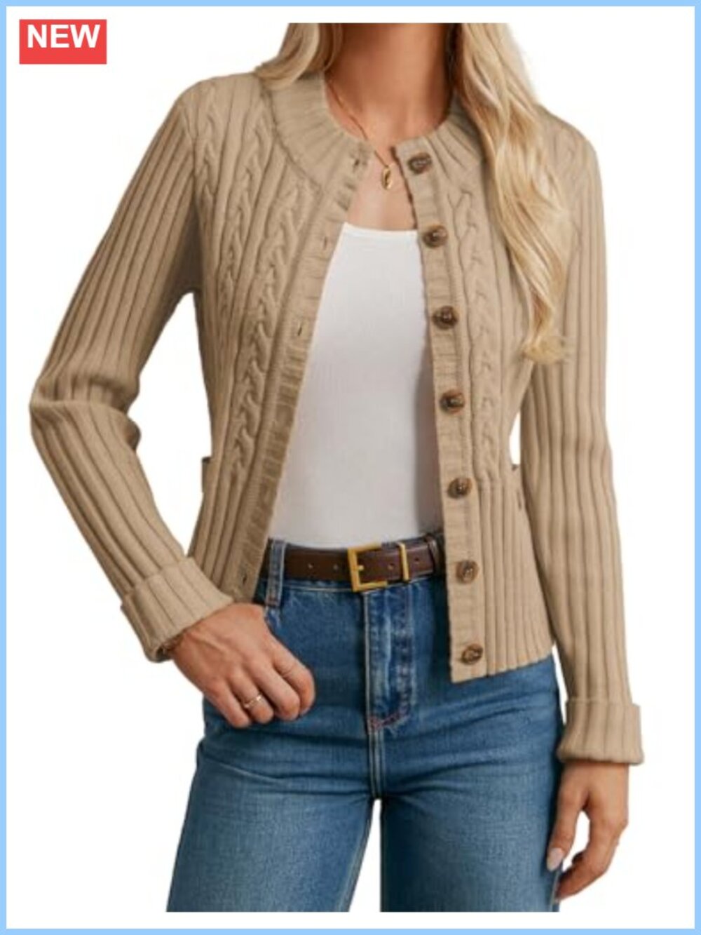 Cable Knit Cardigan Button Up Cropped Sweater Chunky Winter Women